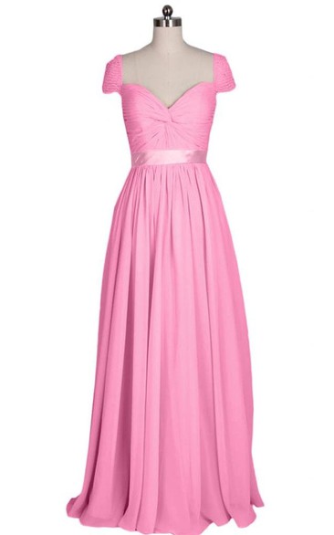 Cap-sleeve Sweetheart Ruched A-line Gown With Satin Band