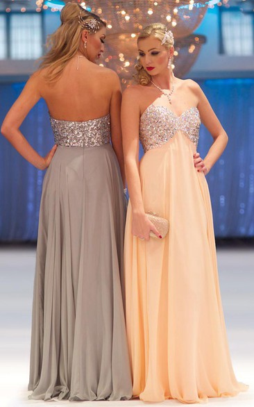 A-Line Long Sleeveless Empire Beaded Sweetheart Chiffon Prom Dress With Pleats