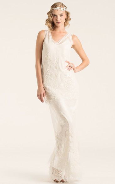 Floor-Length V-Neck Beaded Lace Wedding Dress With Appliques And V Back
