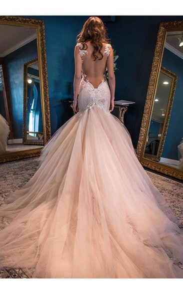 Mermaid Straps Backless Chapel Train Pink Wedding Dress with Lace Wedding Dresses