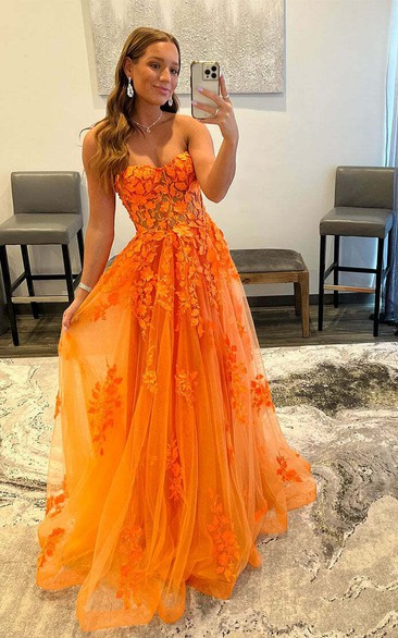 Orange Floral Appliqué Two-Piece Gown