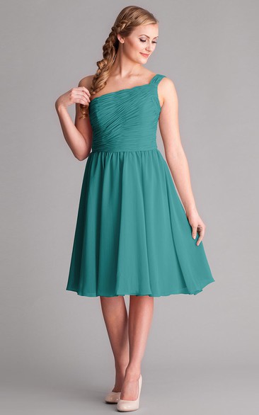 Knee-Length Sleeveless Ruched One-Shoulder Chiffon Bridesmaid Dress
