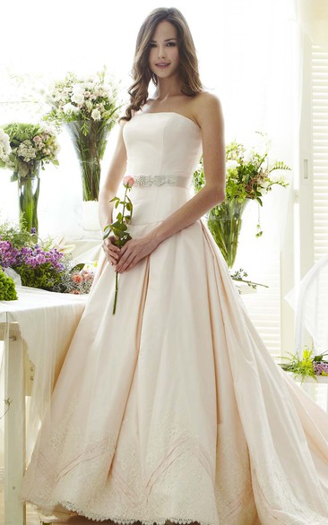 Strapless Maxi Jeweled Bowed Satin Wedding Dress With Appliques