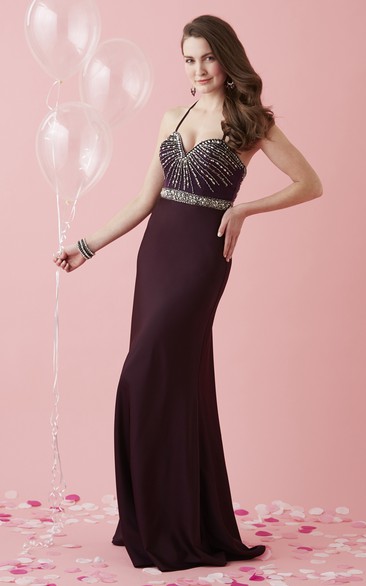 Sheath Maxi Spaghetti Sleeveless Jersey Dress With Beading And Waist Jewellery