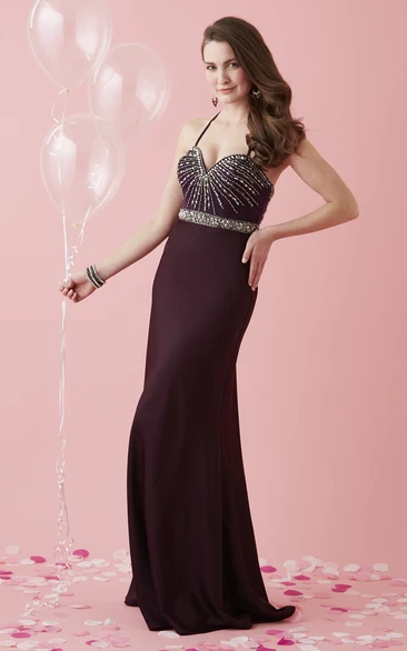 Sheath Maxi Spaghetti Sleeveless Jersey Dress With Beading And Waist Jewellery