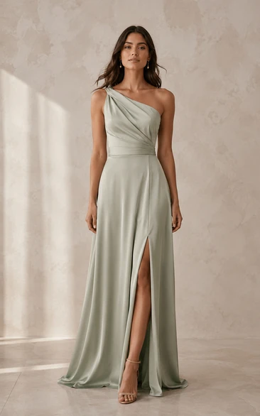 Sage One-Shoulder Charmeuse A-Line Dress