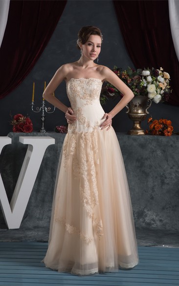 Strapless Maxi A-Line Tulle Overlay and Dress With Lace