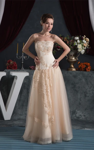 Strapless Maxi A-Line Tulle Overlay and Dress With Lace