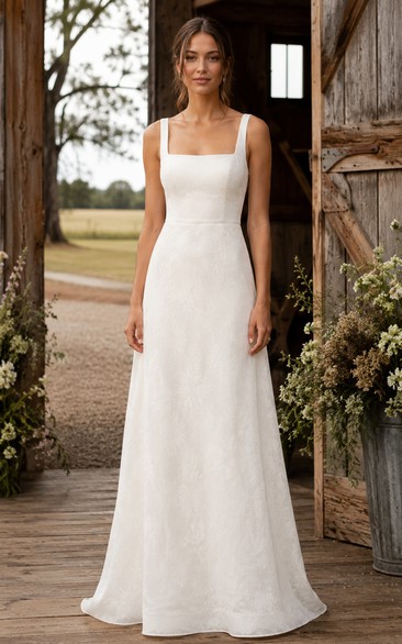 Simple Square Neck Sheath Country Wedding Dress with Lace Straps and Soft Train