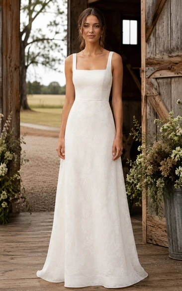 Simple Square Neck Sheath Country Wedding Dress with Lace Straps and Soft Train