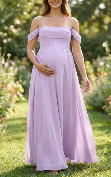 Lilac Off-Shoulder Maternity Bridesmaid Dress with Draped Sleeves & Chiffon A-Line Skirt