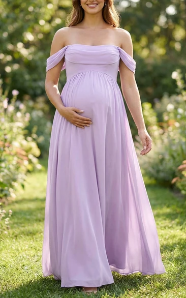 Lilac Off-Shoulder Maternity Bridesmaid Dress with Draped Sleeves & Chiffon A-Line Skirt