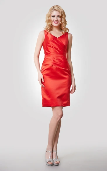 Sleeveless V-Neck Short Satin Dress With Ruching and Asymmetrical Waistline