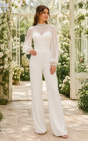 Combinaison de mariée en dentelle illusion à manches longues et dos nu en forme de goutte d'eau