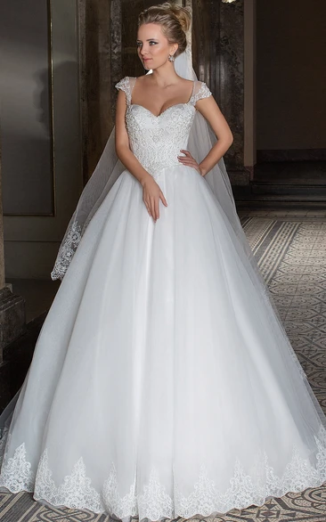 Maxi Sweetheart Cap-Sleeve Appliqued Tulle Wedding Dress With Beading And Illusion