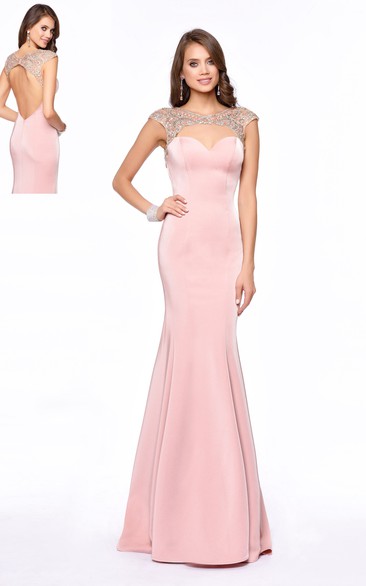 Sheath Maxi Scoop-Neck Cap-Sleeve Jersey Keyhole Dress With Beading