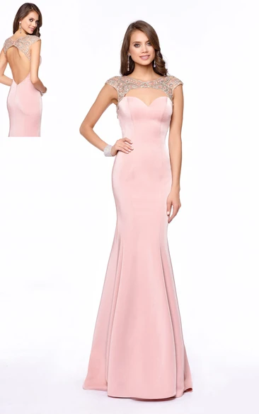 Sheath Maxi Scoop-Neck Cap-Sleeve Jersey Keyhole Dress With Beading