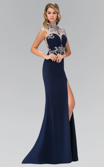 Sheath Halter Sleeveless Jersey Backless Dress With Beading And Split Front
