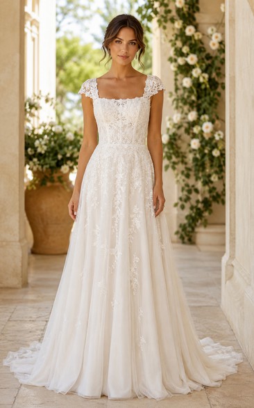 Square Neck Lace A-Line Wedding Dress with Cap Sleeves and Soft Tulle Train