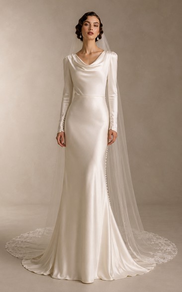 Long Sleeve Cowl Neck Satin Mermaid Vintage Wedding Dress
