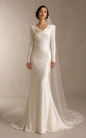 Long Sleeve Cowl Neck Satin Mermaid Vintage Wedding Dress