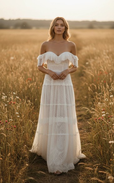 Boho Off-the-Shoulder Lace Vintage Wedding Dress with Layered Skirt