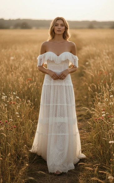 Boho Off-the-Shoulder Lace Vintage Wedding Dress with Layered Skirt
