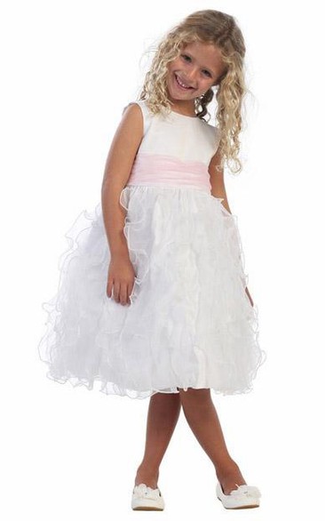 Tea-Length Ruched Sleeveless Organza&Satin Flower Girl Dress