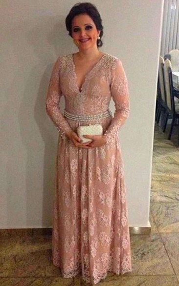 V Neck Long Sleeve A-line Lace Long Dress With Pearl Waist