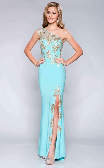 One-Shoulder Side Slit Jersey Column Prom Dress With Beaded Appliques