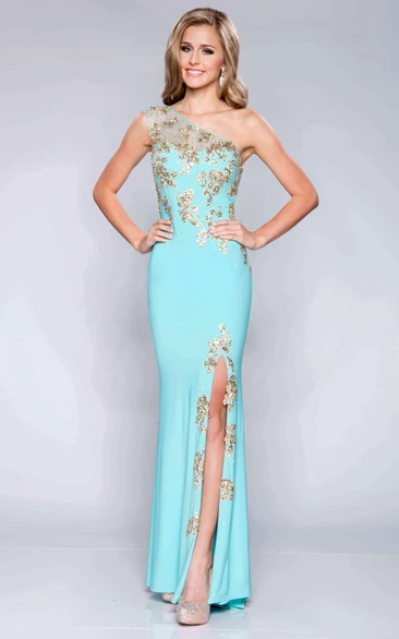 One-Shoulder Side Slit Jersey Column Prom Dress With Beaded Appliques
