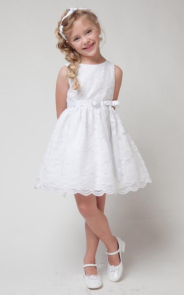 Knee-Length Split Tiered Lace Flower Girl Dress