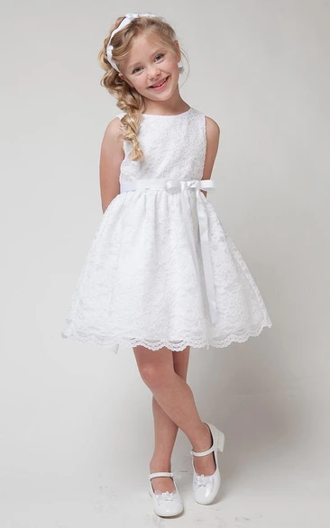Knee-Length Split Tiered Lace Flower Girl Dress