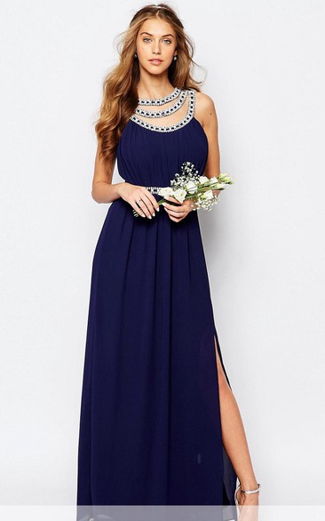 A-Line Beaded Scoop-Neck Long Sleeveless Chiffon Bridesmaid Dress With Split Front And Ruching
