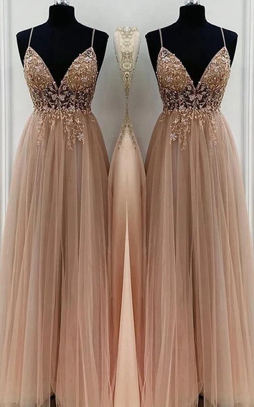 Casual Spaghetti Empire Tulle Pleated Prom Dress with Beaded Top