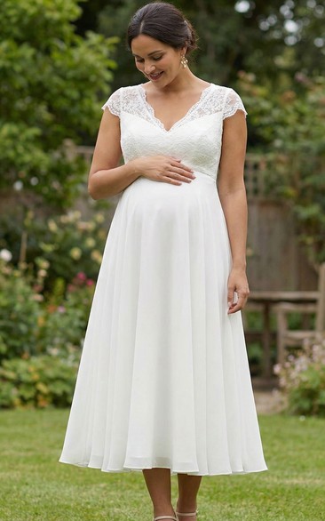White Lace Cap Sleeve Maternity Wedding Dress with V Neck