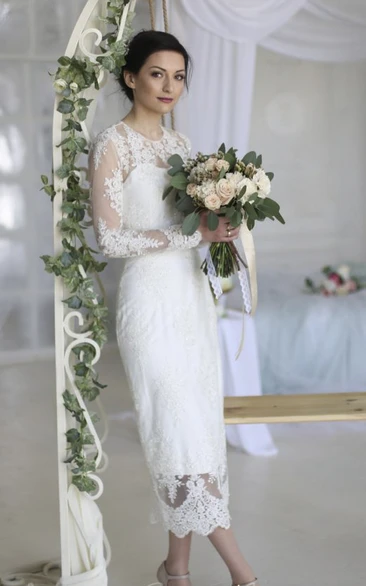 Split Back Sheath Ankle-length Short Wedding Dress With Illusion Lace Appliques