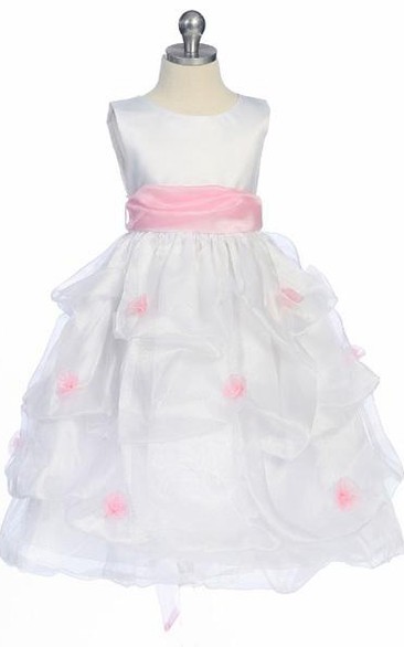 Tea-Length Ruched Organza&Satin Flower Girl Dress