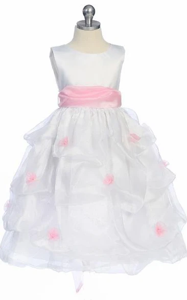 Tea-Length Ruched Organza&Satin Flower Girl Dress