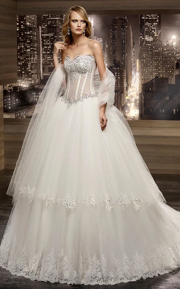 Sweetheart V-waist A-line Wedding Dress with Beaded Illusion Corset and Tier 