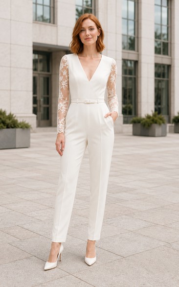 White V Neck Lace Sleeve Wedding Jumpsuit with Pockets