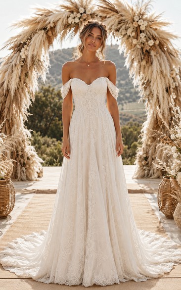 Boho A-Line Wedding Dress Off Shoulder Sweetheart Lace Applique Floor Length Chapel Train Ivory