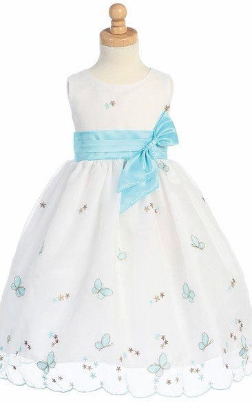 Tea-Length Embroideried Bowed Organza&Taffeta Flower Girl Dress With Split