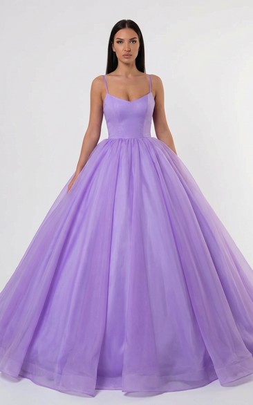 Lilac Tulle Ball Gown Prom Dress with Spaghetti Straps