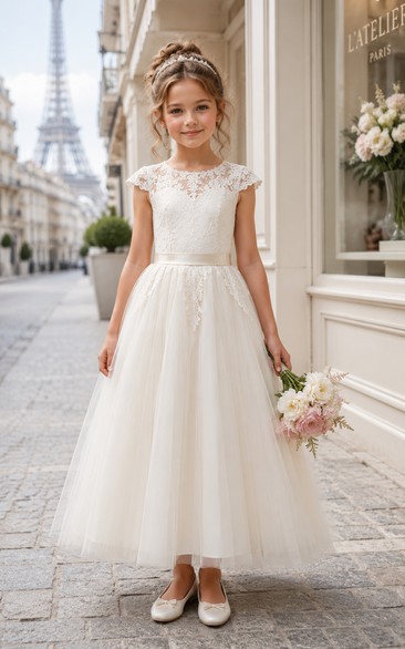 A-line Floor Length Cap Sleeve Tulle Lace Flower Girl Dress with Ivory lace yoke and floor-length tulle skirt