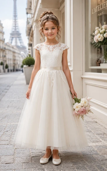 A-line Floor Length Cap Sleeve Tulle Lace Flower Girl Dress with Ivory lace yoke and floor-length tulle skirt