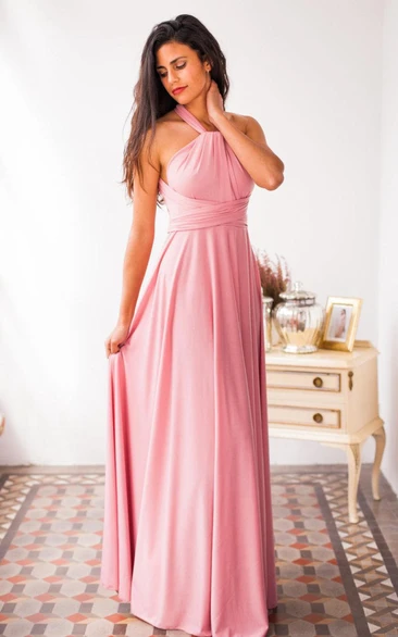High Neck A-line Pleated Chiffon Floor Length Dress With BAndage