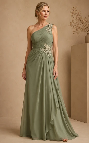 Sage One-Shoulder Chiffon A-Line Dress with Appliques