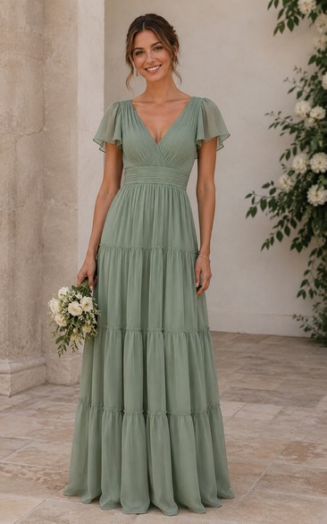 Sage Tiered V-neck Short Sleeve Chiffon Bridesmaid Dress