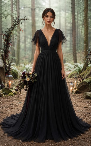 Black V-neck Tulle A-Line Wedding Dress
